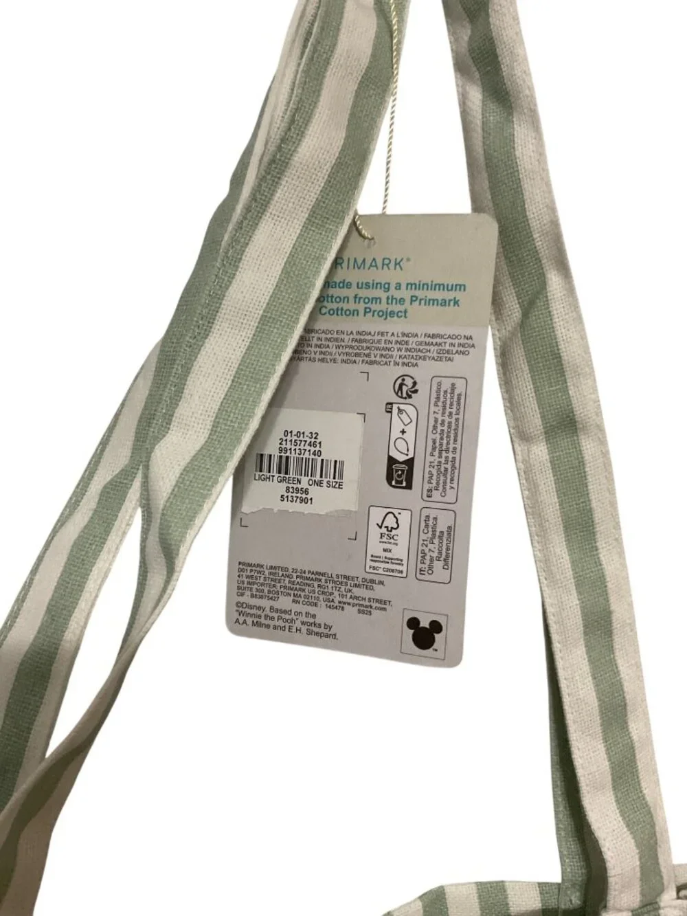 Disney Winnie the Pooh Primark Striped Canvas Tote Bag NWT